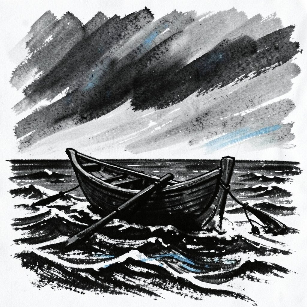 Bold charcoal drawing of a small rowing boat on open ocean swells, rendered in heavy black strokes with a stormy grey sky