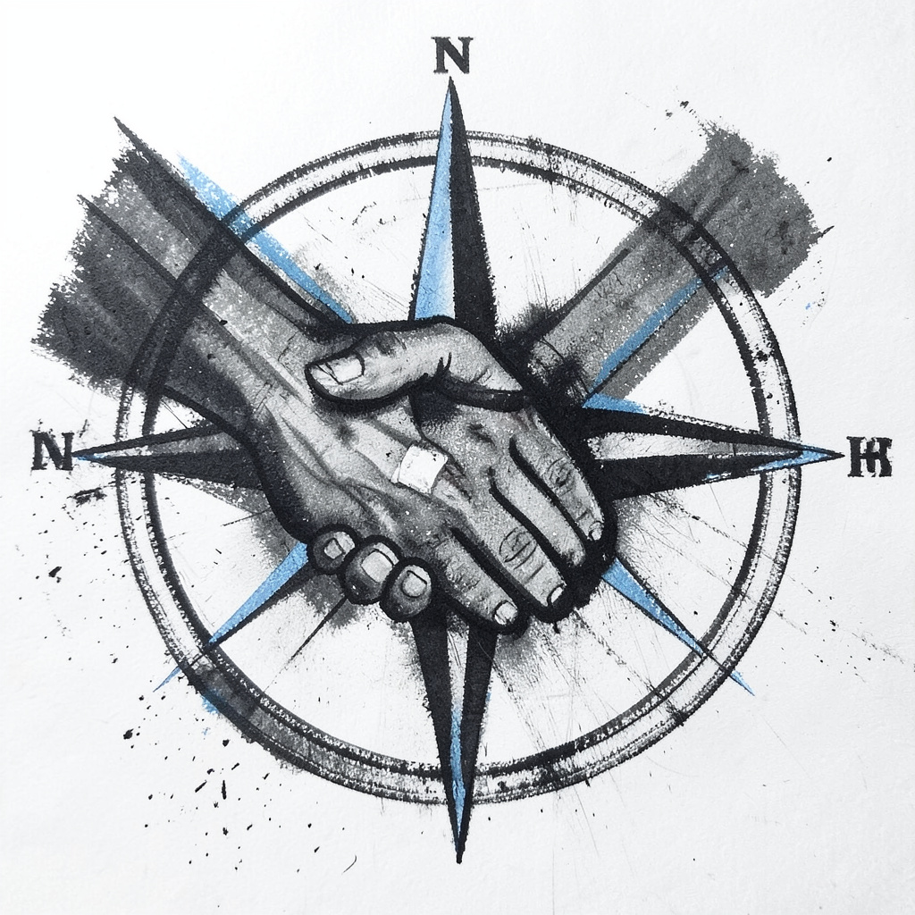 Bold charcoal drawing of clasped hands over a compass rose, dark grey and black tones suggesting support and solidarity